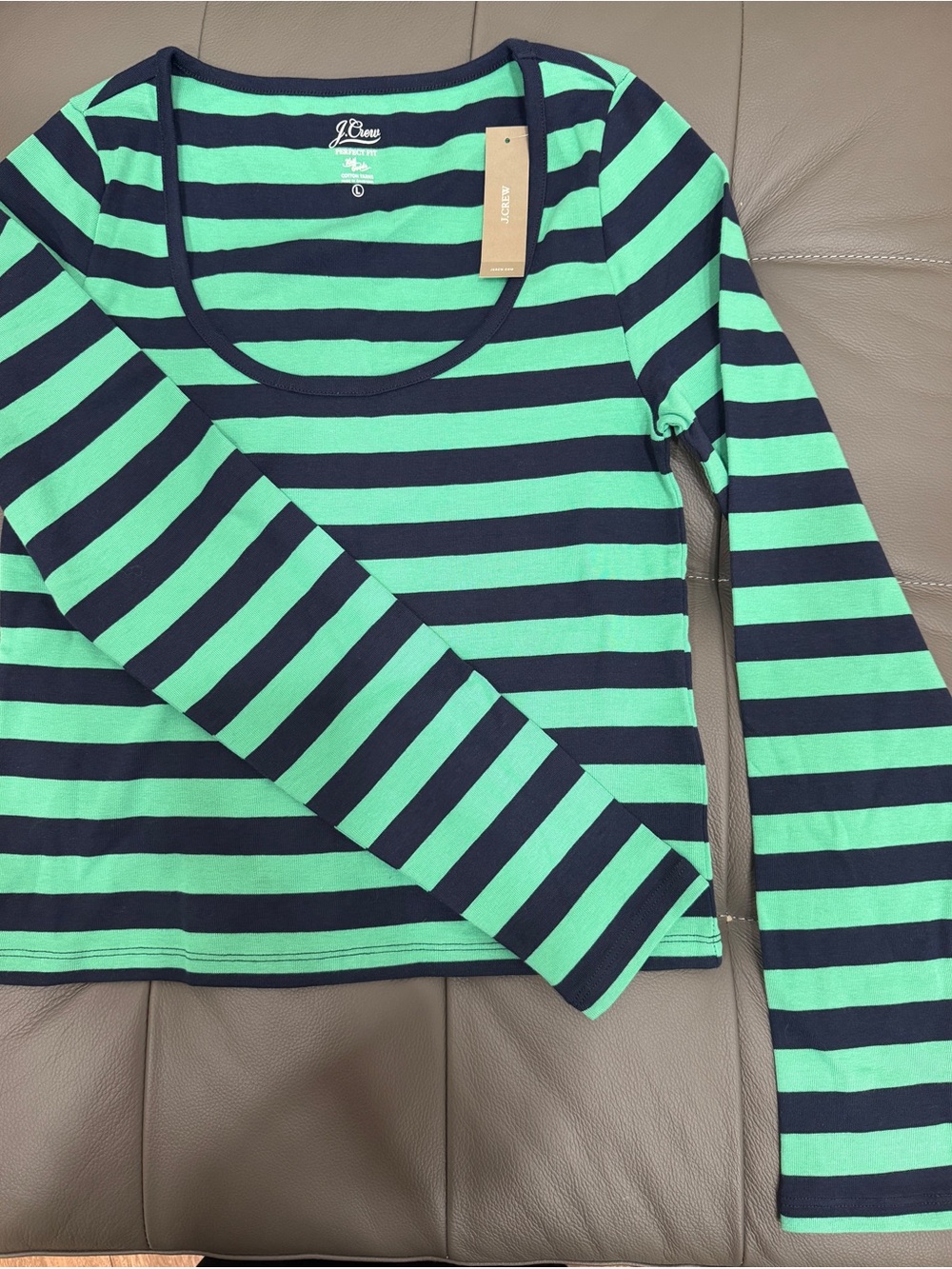 J. Crew Navy and Mint Green Striped Long Sleeve Scoop Neck Top